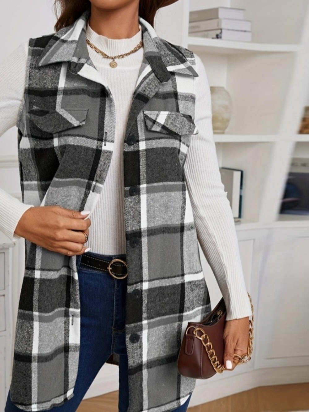 SHEIN Black Gray White Plaid Button-Front Sleeveless Shacket